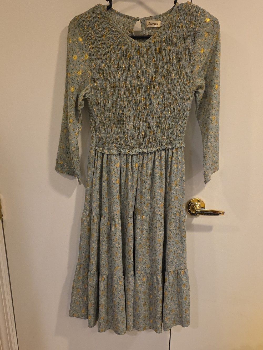 Floral Smocked Midi Dress - Light Blue with Yellow Flowers Size S